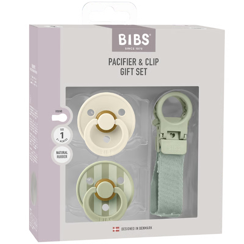BIBS Colour Pacifier & Loop Clip Gift Set Latex Size 1 Sage