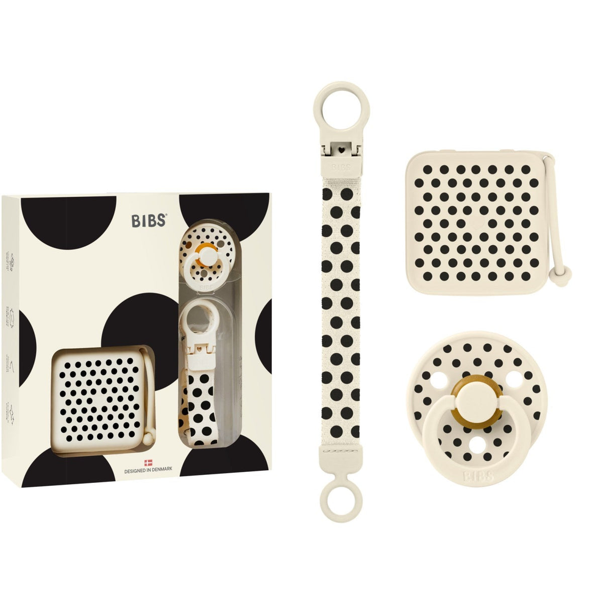 Bibs Ivory Black Gavesæt Polka Soothe & Go Latex